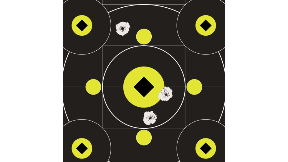 EZ-Aim Splash Reactive Adhesive Paper Bullseye Shooting Targets w/8 Aiming Points, 12in Square, 12-Pack, Black/Chartreuse, 15577
