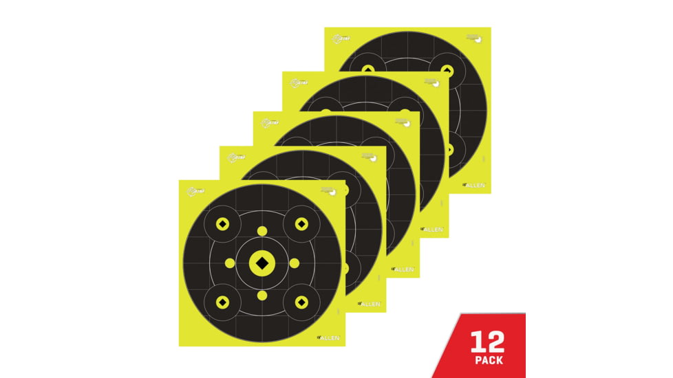 EZ-Aim Splash Reactive Adhesive Paper Bullseye Shooting Targets w/8 Aiming Points, 12in Square, 12-Pack, Black/Chartreuse, 15577