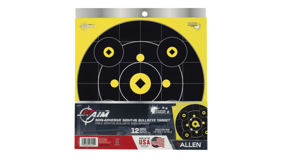 EZ-Aim Splash Reactive Adhesive Paper Bullseye Shooting Targets w/8 Aiming Points, 12in Square, 12-Pack, Black/Chartreuse, 15577