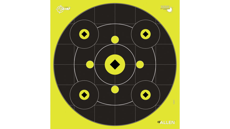 EZ-Aim Splash Reactive Adhesive Paper Bullseye Shooting Targets w/8 Aiming Points, 12in Square, 12-Pack, Black/Chartreuse, 15577