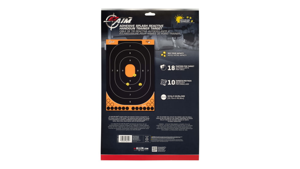 EZ-Aim Splash Reactive Adhesive Paper Shooting Targets, Handgun Trainer, 12.5inW x 18.25inH, 5-Targets Per Pack, Black/Orange, 15501