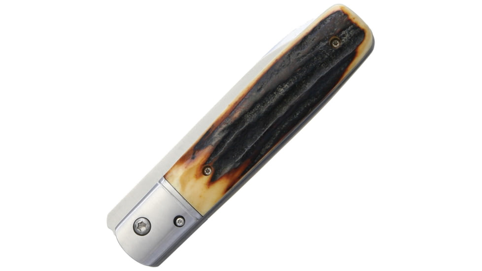 Fallkniven GP Stag Linerlock Folding Knife, 3in Satin Laminate Cobalt Steel Spear Point Blade, Stag Handle, SS Bolster, Comes With Wooden Glass Top Display Box, GPS