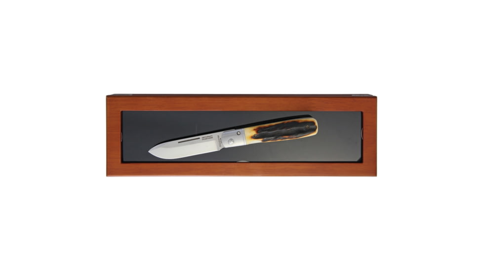 Fallkniven GP Stag Linerlock Folding Knife, 3in Satin Laminate Cobalt Steel Spear Point Blade, Stag Handle, SS Bolster, Comes With Wooden Glass Top Display Box, GPS