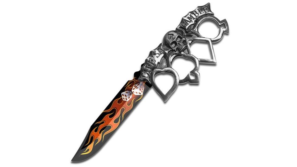 Fantasy Master Fixed Blade, 11.25in, Stainless Steel Blade, Zinc Alloy Skull Aluminum &amp;Quot;Life''S A Gamble&amp;Quot; Knuckle Handle FM-633