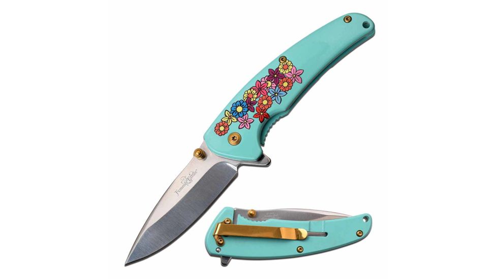 Femme Fatale FF-A013LB Spring Assisted Knife, 3.5in, 3CR13 Stainless Steel, Drop Point, Mirror Blade, Stainless Steel Handle, Light Blue, FF-A013LB
