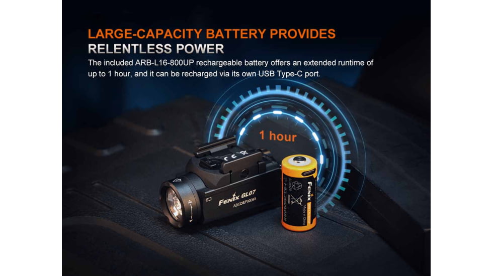 Fenix GL07, Weapon Light, White LED, 700 Lumens, 2.61 Long, Fits GLOCK and 1913 Rails, Includes Rechargeable 16340 Battery and USB Type-C Charging Cable