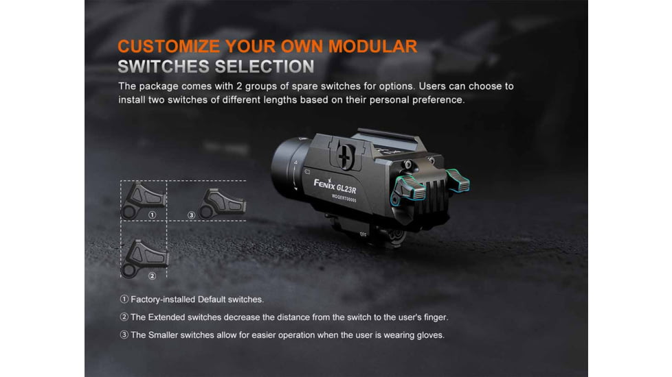 Fenix GL23R, Weapon Light, White LED with Green Laser, 1,200 Lumens, 3.43 Long, Fits GLOCK and 1913 Rails, Includes Rechargeable 18350 Battery and USB Type-C Charging Cable