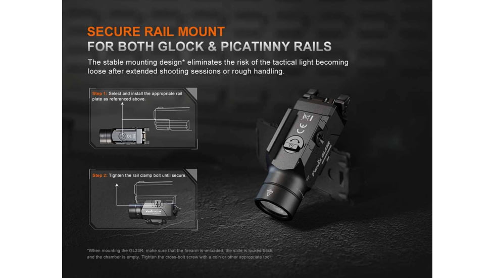 Fenix GL23R, Weapon Light, White LED with Green Laser, 1,200 Lumens, 3.43 Long, Fits GLOCK and 1913 Rails, Includes Rechargeable 18350 Battery and USB Type-C Charging Cable