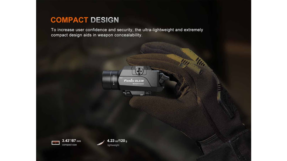 Fenix GL23R, Weapon Light, White LED with Green Laser, 1,200 Lumens, 3.43 Long, Fits GLOCK and 1913 Rails, Includes Rechargeable 18350 Battery and USB Type-C Charging Cable