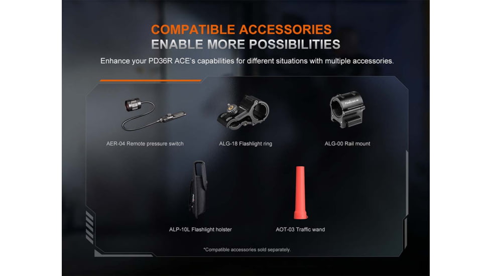 Fenix PD36R ACE, Flashlight, White LED, 3,000 Lumens, Anodized Finish, Black, Includes Rechargeable ARB-L21-5000 Battery and USB Type-C Charging Cable