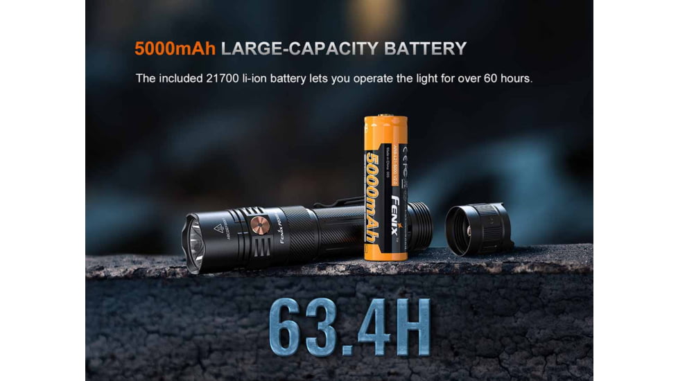 Fenix PD36R ACE, Flashlight, White LED, 3,000 Lumens, Anodized Finish, Black, Includes Rechargeable ARB-L21-5000 Battery and USB Type-C Charging Cable