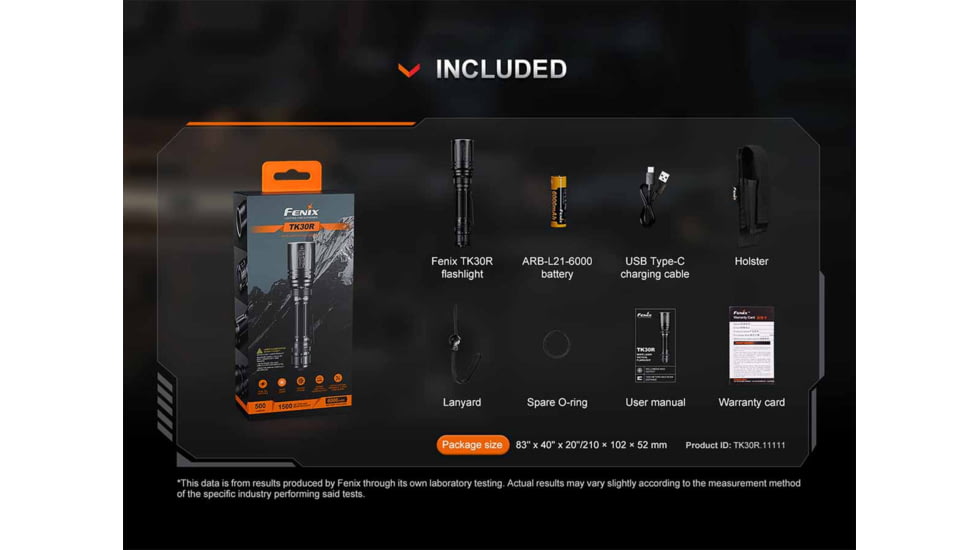 Fenix TK30R, Flashlight, White Laser, 500 Lumens, 1,500 Meter Maximum Beam Distance, Anodized Finish, Black, Includes ARB-L21-6000 Battery and USB Type-C Charging Cable