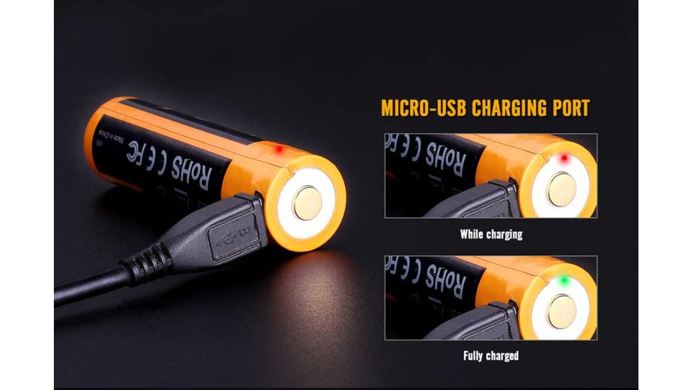 Fenix Rechargeable Li-ion 18650 3.6 Volt Battery w/Built in USB port, 2600mAh, Orange/Black ARB-L18-2600U