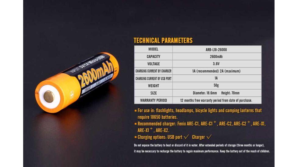 Fenix Rechargeable Li-ion 18650 3.6 Volt Battery w/Built in USB port, 2600mAh, Orange/Black ARB-L18-2600U