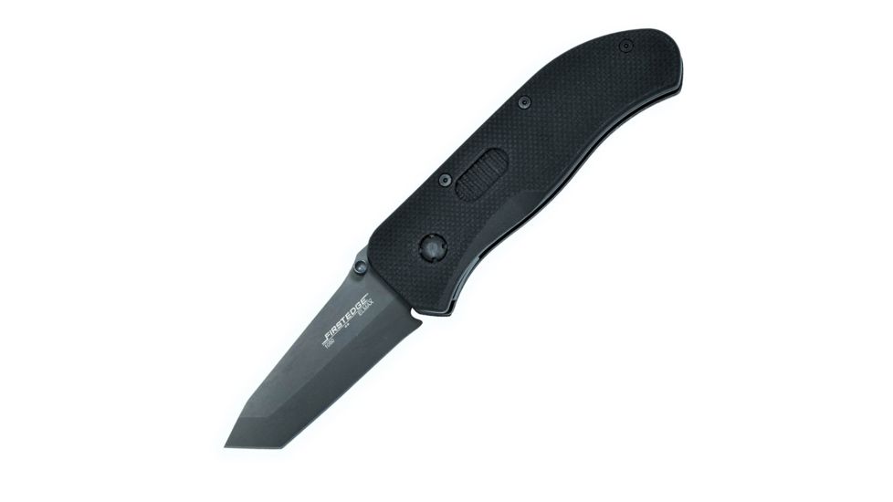 First Edge Tracklock Modified Tanto Folding Knife, Assisted Opening Fine Edge, Elmax Bead Blast Blade, Coarse Black 1050-BBB