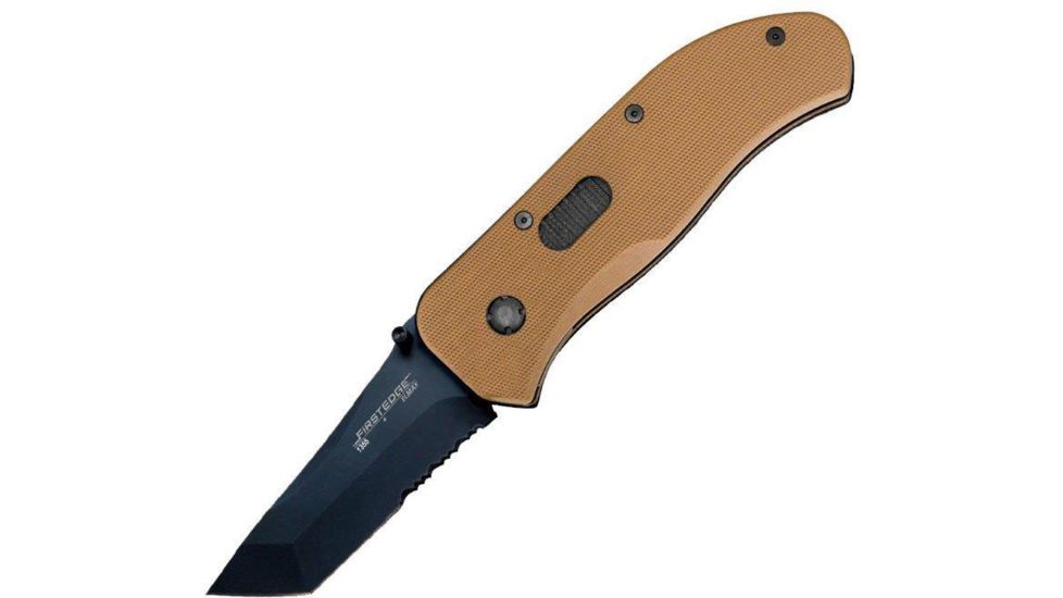First Edge Tracklock Original Tanto Folding Knife, Assisted Opening Serrated Edge, Elmax Black Oxide Blade, Coarse Green, 1355-BLG