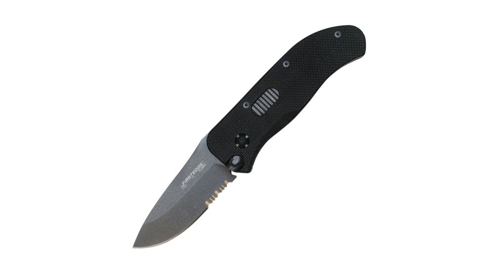 First Edge Tracklock Tactical Hunter Folding Knife, Auto Opening Serrated Edge, Elmax Bead Blast Blade, Coarse Black 1755-BBB
