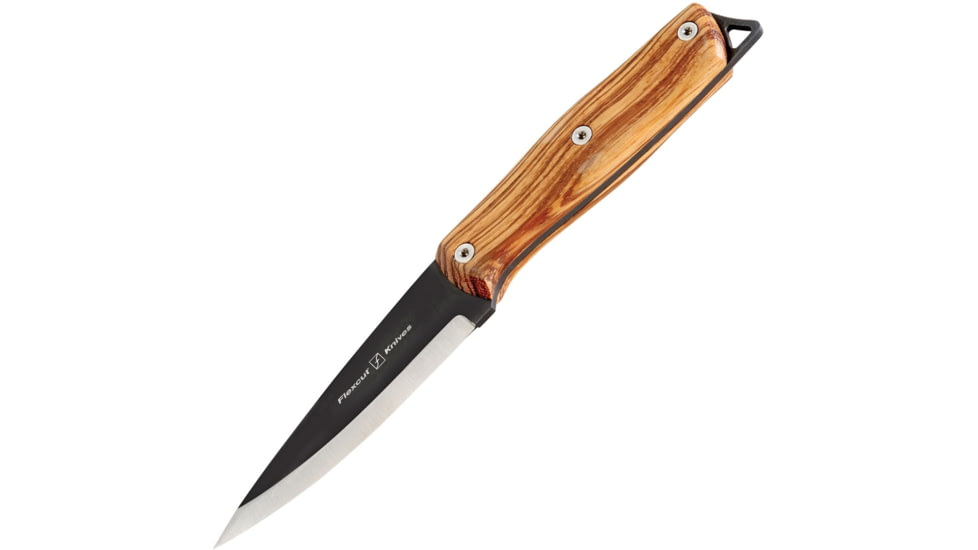 Flexcut Hawthorne Explorer Zebra Wood Knife, 8.38in Overall, 3.88in Black Oxide Coated 1095Hc Steel Blade, Zebra Wood Handle, Scandi Grind Blade, Black Leather Sheath, Wooden Gift Box, FTKFB1B