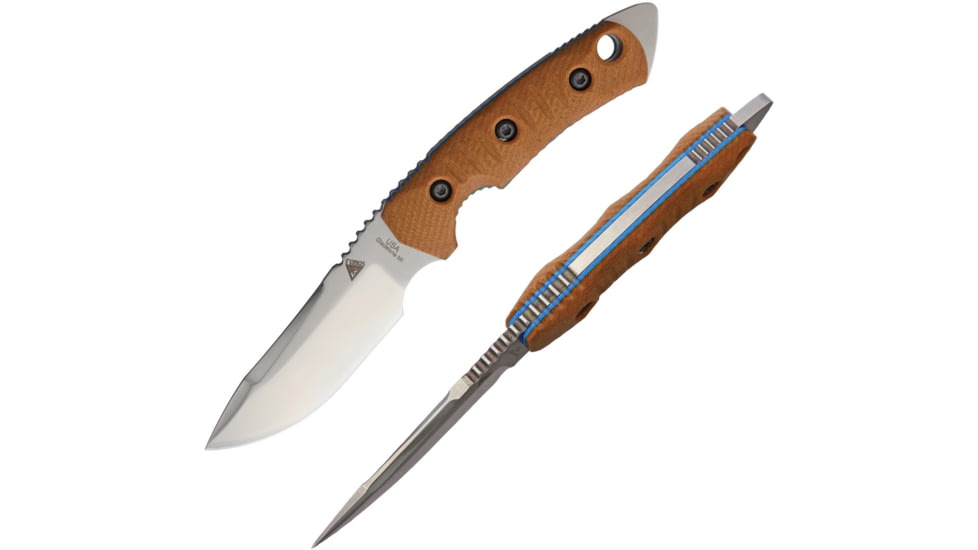 Fobos Knives Tier 1 Mini Blue Liner Fixed Blade Knife, 8.75in Overall, 4in Satin Cpm-154 SS Blade, Natural Canvas Micarta Handle, Blue Liners, Brown Leather Sheath, FOB03