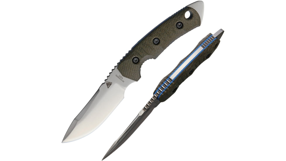 Fobos Knives Tier 1 Mini Blue Liner Fixed Blade Knife, 8.75in Overall, 4in Satin Cpm-154 SS Blade, OD Green Canvas Micarta Handle, Blue Liners, Brown Leather Sheath, FOB012