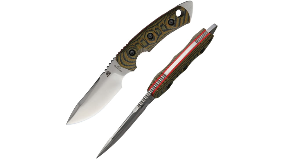 Fobos Knives Tier 1 Mini Liner Fixed Blade Knife, 8.75in Overall, 4in Satin Cpm-154 SS Blade, Camo Canvas Micarta Handle/Red Liners, Brown Leather Sheath, FOB021