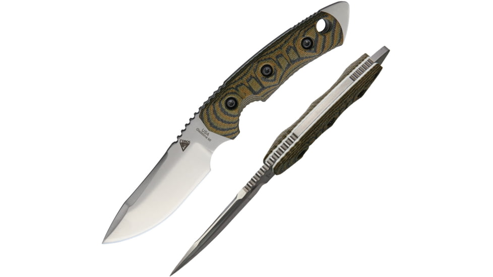 Fobos Knives Tier 1 Mini White Liner Fixed Blade Knife, 8.75in Overall, 4in Satin Cpm-154 SS Blade, Camo Canvas Micarta Handle, White Liners, Brown Leather Sheath, FOB018