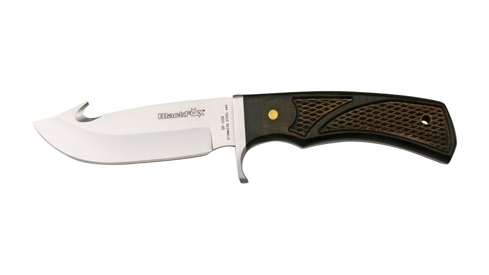 Fox Black Fox Fixed Blade Knife, 4in, Guthook Blade, Checkered Wood Handle FOXBF006WD