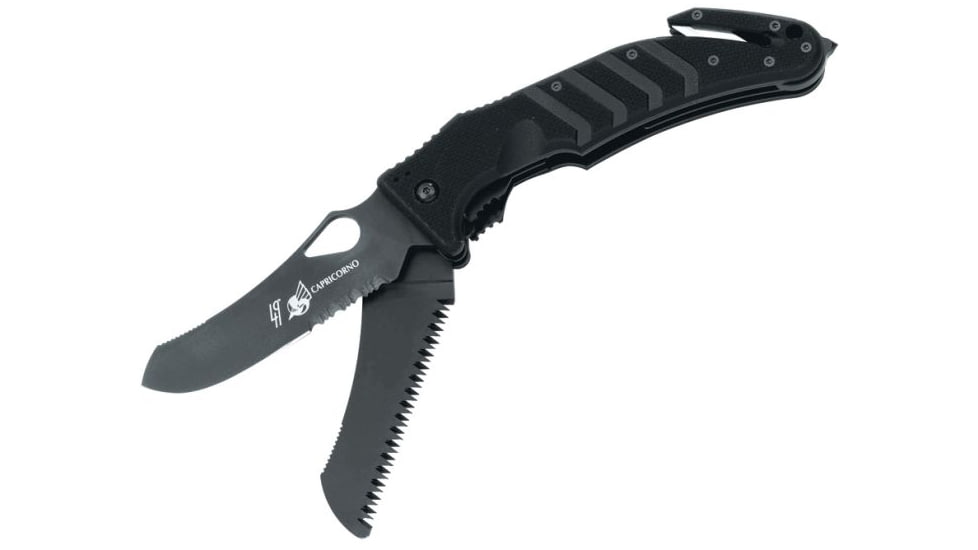 Fox Capricorno Linerlock Folding Knife, 4" black finish partially serrated Bohler N690 sta, Black G10 handle, 01FXALSR49