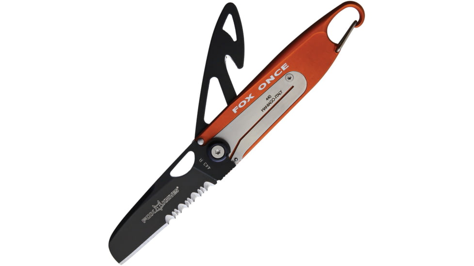 Fox Double Rescue Linerlock Folding Knife, Black finish stainless Partially serrated sheepsfo, Orange aluminum handle, 01FX726
