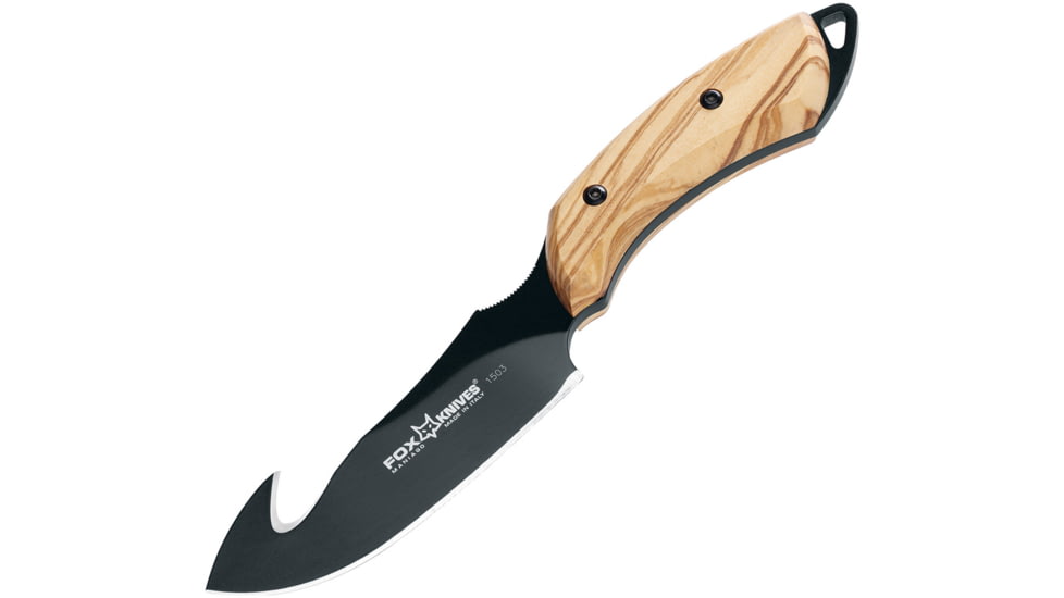 Fox European Hunter Guthook Knife, 3.75 black PTFE coated Bohler N690 stainless guth, Olive wood handle, 02FX099