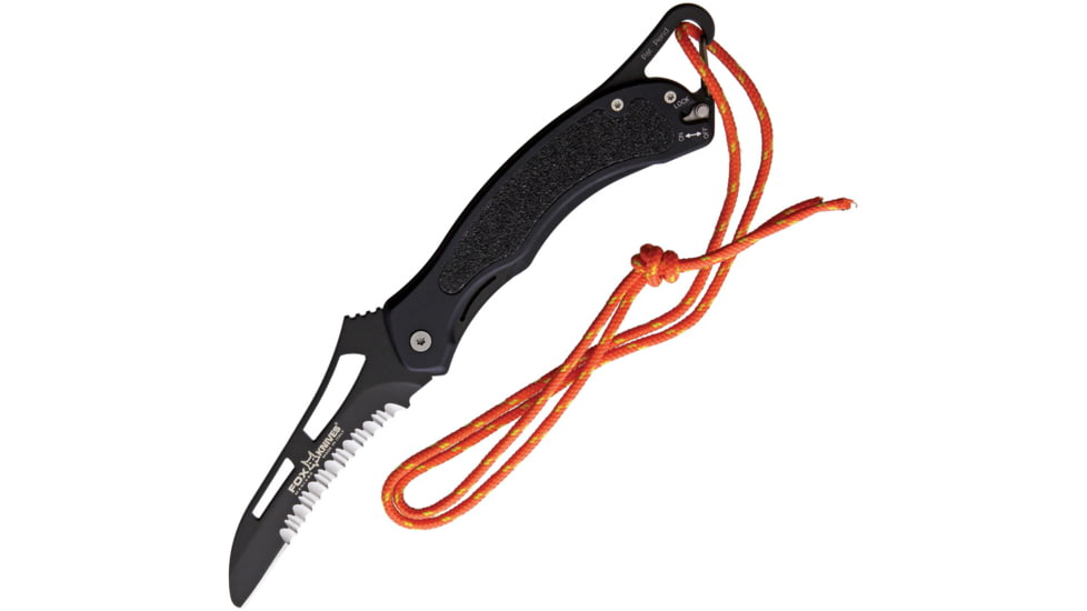 Fox Gravity Rescue Linerlock Folding Knife, 4 black PTFE coated partially serrated Bohler N69, Black aluminum handle with Black anti-slip insert, 01FX729