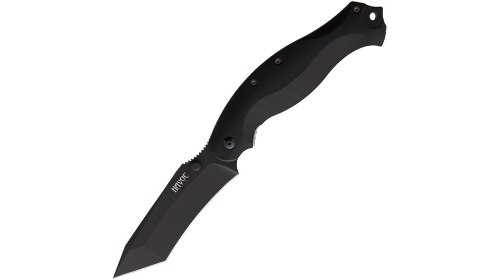 Fox Havoc Framelock Tanto Folding Knife, 4 black Cerakote finish Bohler N690 stainless tan, Black G10 handle, 01FXHV02TTIB