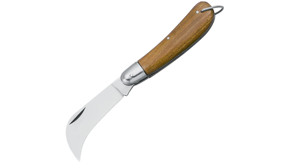 Fox Hawkbill Folder Folding Knife, Satin finish stainless hawkbill blade, Brown wood handle, 01FX234