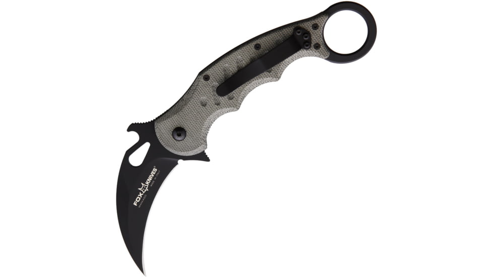 Fox Karambit Linerlock Folding Knife, 3in black PTFE coated Bohler N690 stainless karambit blade, Green, Green linen micarta handle, 479MI