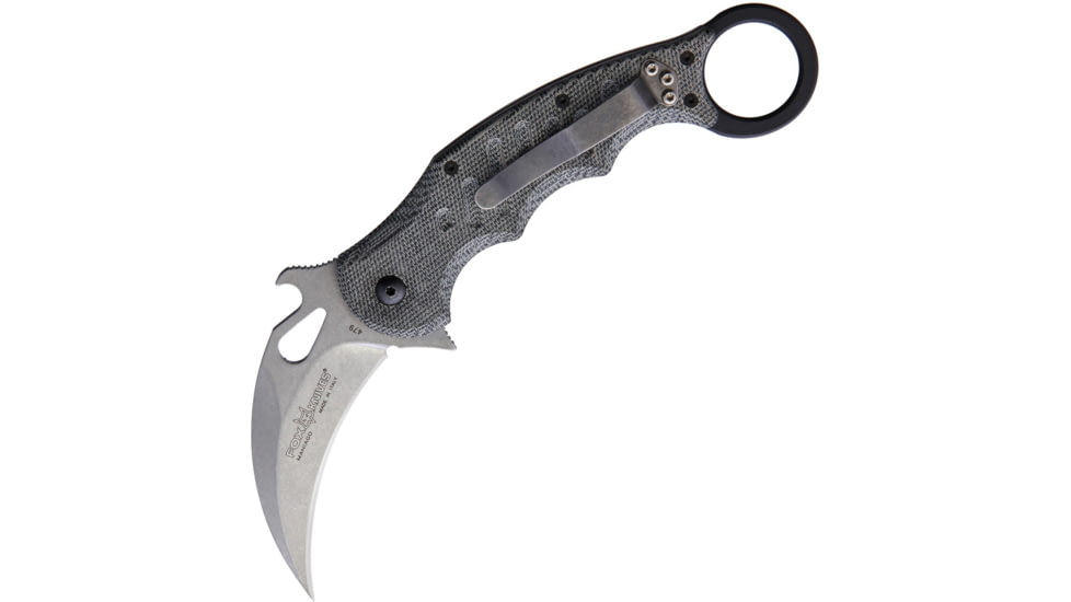 Fox Karambit Linerlock Folding Knife, 3in stonewash finish Bohler N690 stainless karambit blade, Black, Black linen micarta handle, 479MIBSW