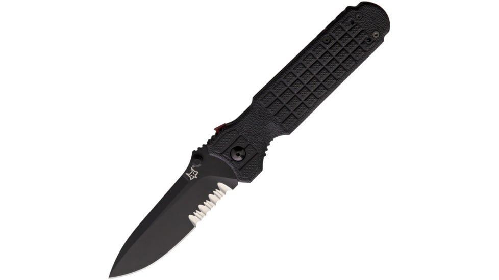 Fox Predator II Linerlock Black Folding Knife, 3.75 black PTFE coated partially serrated Bohler , Black sculpted FRN handle, 01FX446BS