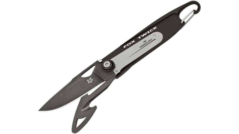 Fox Twice Hunter Framelock Folding Knife, 2.25 black finish stainless drop point and guthoo, Black stainless handle, 01FX725