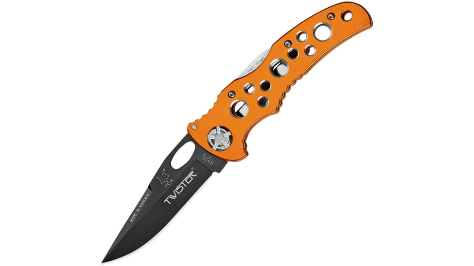Fox Twister Lockback Orange Folding Knife, 3.5 black finish 440C stainless blade, Orange aluminum handle, 01FX196