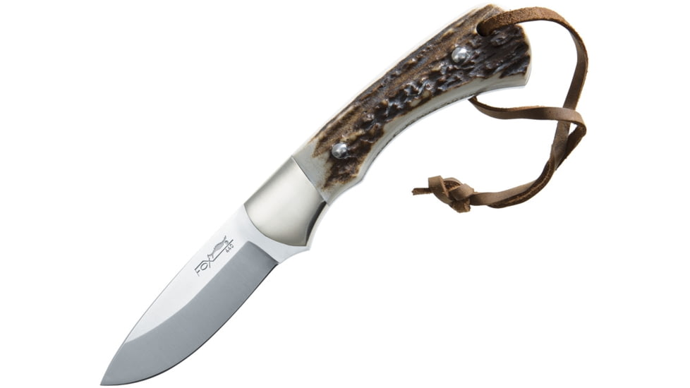 Fox Vintage Stag Fixed Blade Knife, 7.5in Overall, 3in Satin SS Drop Point, Stag Handle, SS Guard, Brown Leather Belt Sheath, 02FX111