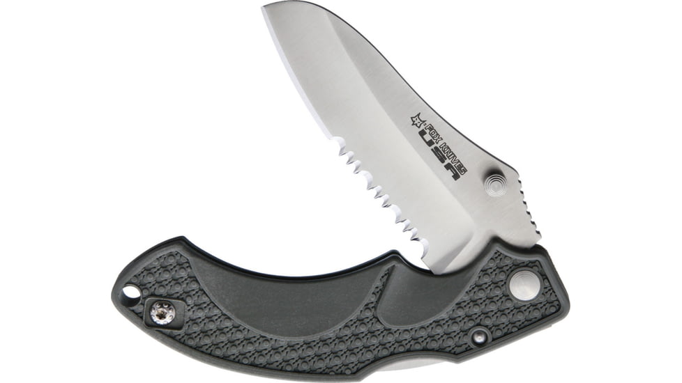 Fox Vitale Lockback Gray Folding Knife, 3.5 satin finish partially serrated 154CM stainle, Gray textured ABS handle, 01FX296