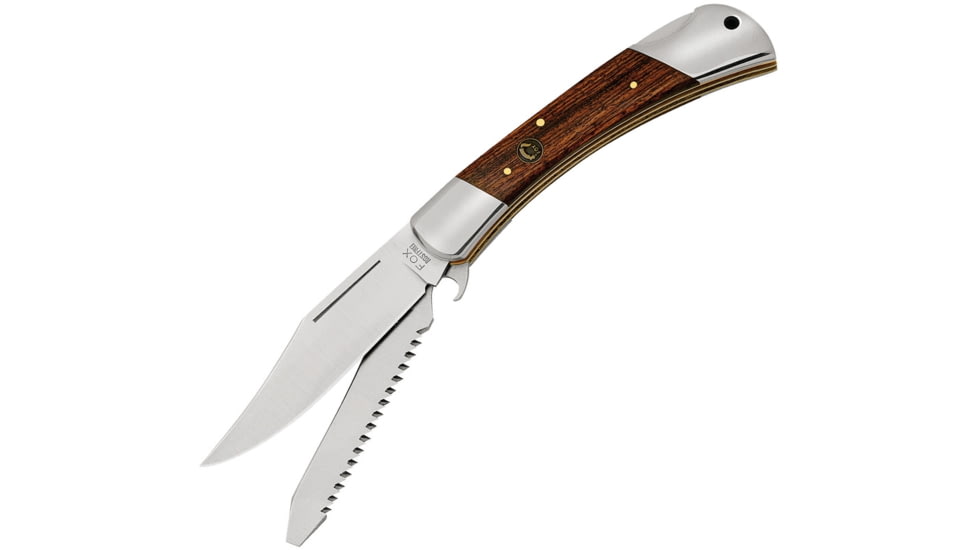 Fox Win Two Blade Lockback Folding Knife, Satin 440 SS Clip And Saw Blades, Brown Smooth Wood Handle, SS Bolster, Inlay Shield, brown, 01FX070