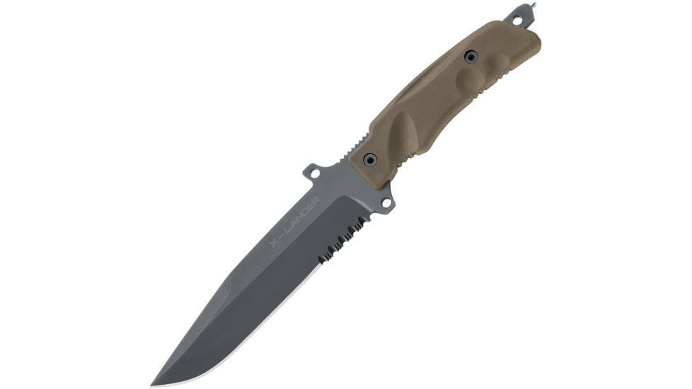 Fox X Lander Fixed Blade Knife, 6.25 gray PVD coated partially serrated blade, Coyote tan Forprene handle, 02FX171109