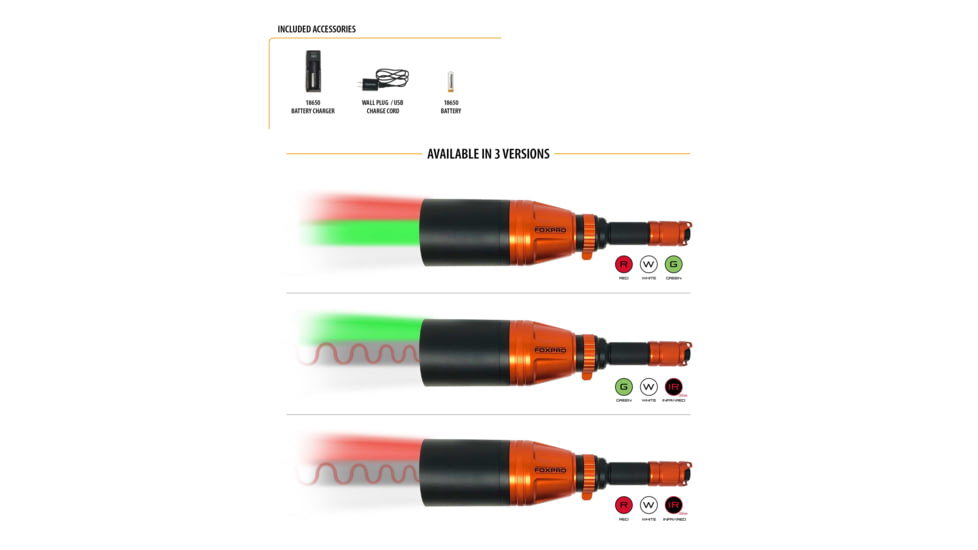FoxPro Gunfire 3-color Hunting Flashlight, LED Red/White/Green Lights, Black/Orange, GUNFIRE