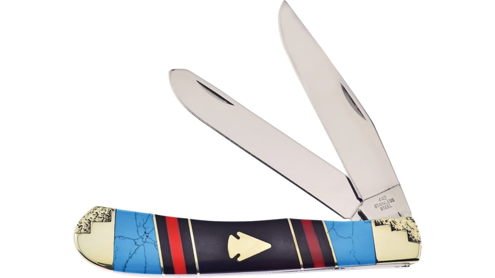 Frost Arrowhead Trapper Folding Knife, Mirror SS Clip/ Spey Blades, Red, Black, Turquoise Stone Handle, SHS-108AH