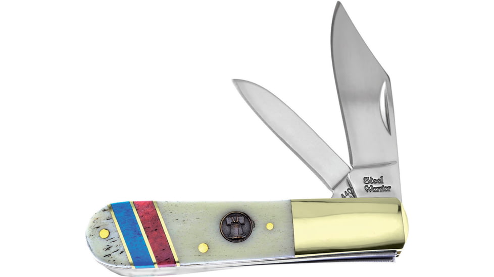 Frost Barlow Liberty Bell Folding Knife, Mirror finish stainless clip and pen blades, Red, white, and blue smooth bone handle, SW-163LB