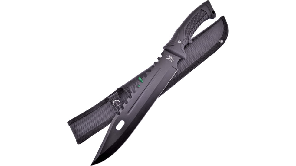 Frost Bowie Knife, Tac Xtreme, 15.5in Overall, 10in Black Sawback SS Clip Point Blade, Black Rubber Handle, Black Nylon Sheath, TX-20B
