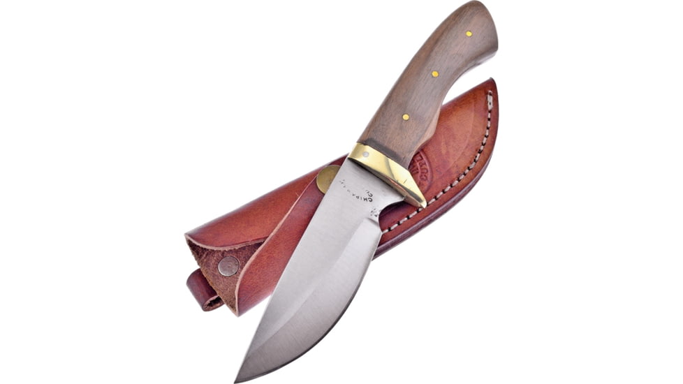 Frost Chickasaw Skinner Knife, Chipaway, 8in Overall, 3.75in Satin SS Drop Point, Walnut Handle, Brass Guard, Brown Leather Sheath, CW-019WW