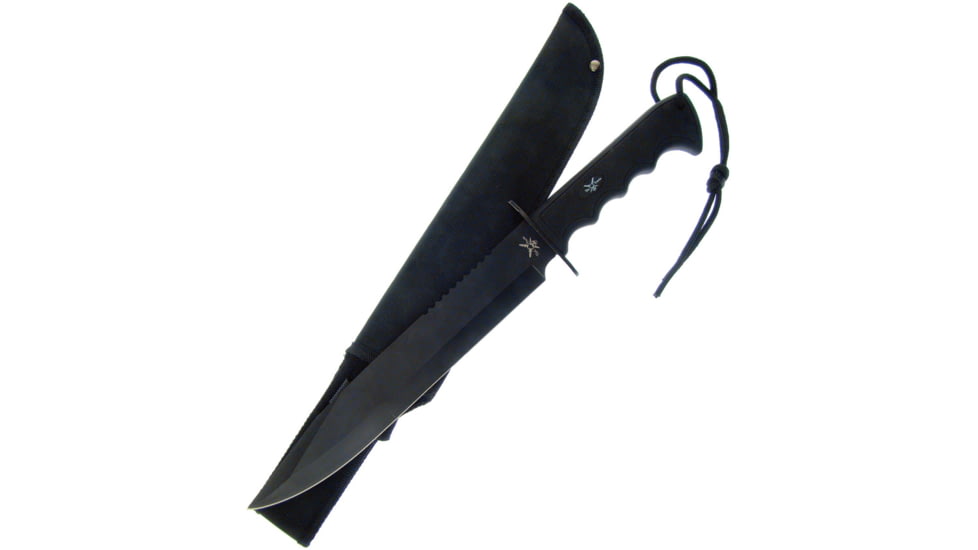 Frost Commander Bowie Knife, 10 black finish stainless clip point blade, Black finger grooved rubber handle, TX-003