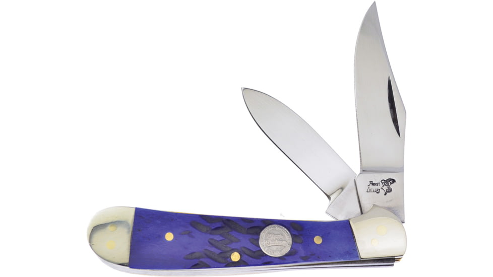 Frost Copperhead Blue Pick Bone Folding Knife, 3.25in Closed, Mirror Stainless Clip/Pen Blades, Blue Pick Bone Handle, 14-950BLPB