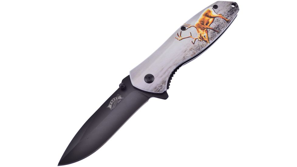Frost Deer Linerlock A/O Folding Knife,3.25in,3Cr13 Stainless Steel,Standard Edge,Black,Aluminum Handle FFC100DR